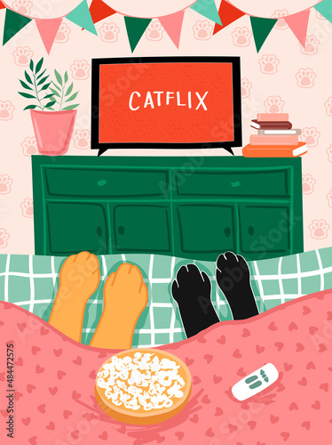 Cat couple watch tv together. Happy kitties sitting on couch and watching television show. Family movie night, lovers character home relax and watch video vector illustration 