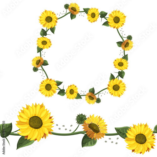 Detailed contour wreath with yellow sunflowers with green leaves isolated on white. Round frame for your design, greeting cards, wedding announcements, posters. Seamless pattern brush.