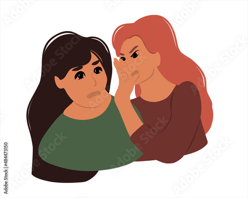 Woman whispering in ear telling secret or unbelievable news, gossiping, shocked girl surprised to hear latest rumors while chatting with friend. Flat vector illustration