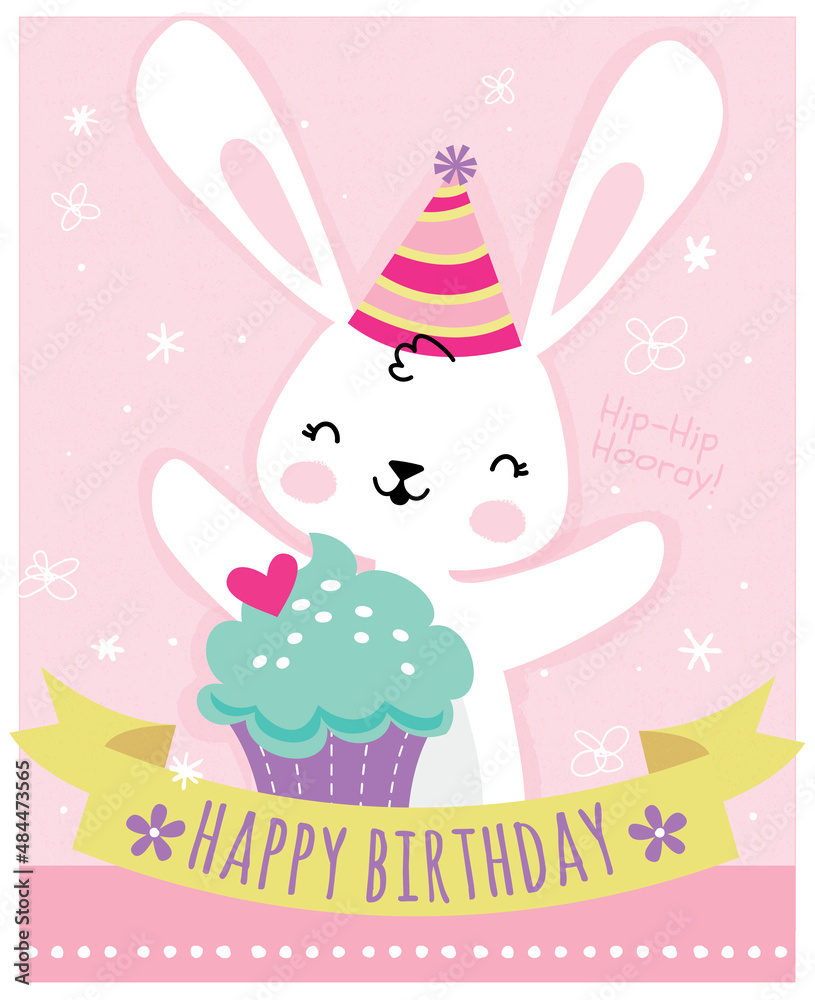 Happy Birthday Bunny. Vector illustration of an adorably sweet bunny ...