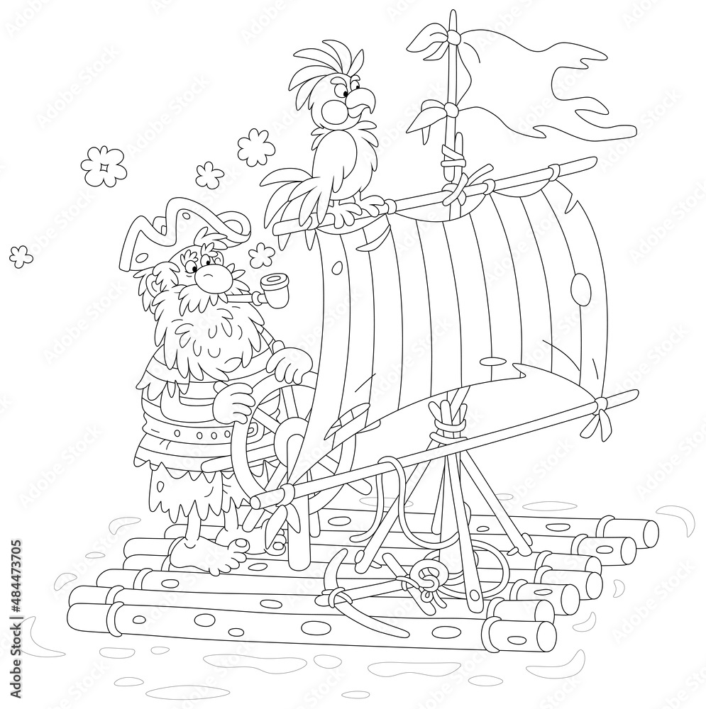 Lonely sea rover floating on a wooden raft with a steering wheel, a shabby sail and a tattered flag after shipwreck, black and white vector cartoon illustration for a coloring book