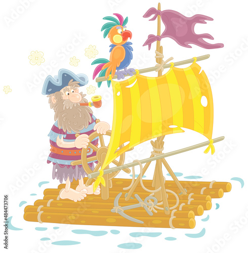 Lonely sea rover floating on a wooden raft with a steering wheel, a shabby sail and a tattered flag after shipwreck, vector cartoon illustration isolated on a white background