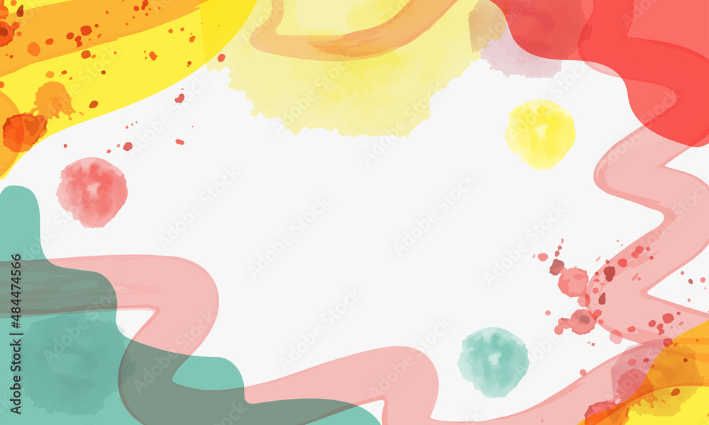 Vector watercolor background in a trendy style. Template, banner, card, poster. Hand drawing. Pastel  red, yellow and green colors. White background.