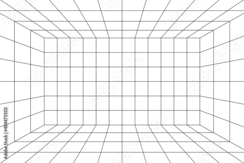 3D room grid with one point perspective. White empty geometric cyberspace studio background. Virtual three dimension scene. Easy guide architecture template