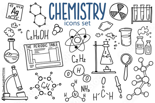 Chemistry symbols icon set. Science subject doodle design. Education and study concept. Back to school sketchy background for notebook, not pad, sketchbook. Hand drawn illustration.