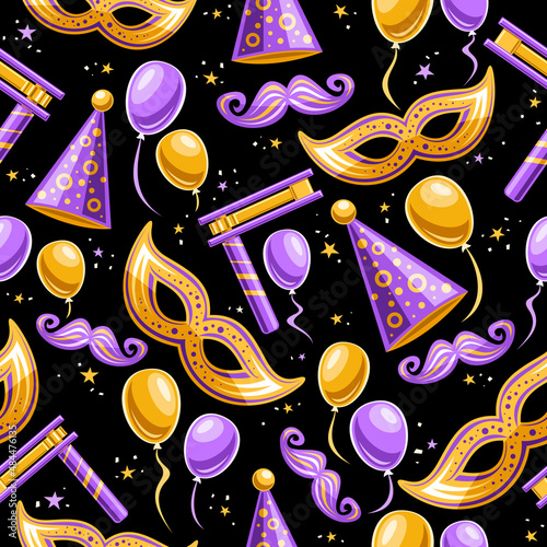 Vector Purim Seamless Pattern, square repeating background with cut out illustrations of traditional purim symbols, variety balloons, cone hats, purple moustache for purim festival on dark background