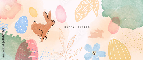 Leinwand Poster Happy easter vintage watercolor spring rabbit card