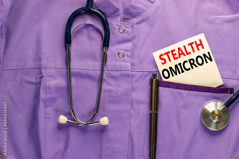 Covid-19 stealth omicron variant symbol. Medical uniform, white card with words Stealth omicron, metalic pen and stethoscope. Medical and COVID-19 pandemic stealth omicron variant virus concept. Covid-19 stealth omicron variant symbol. Medical uniform, white card with words Stealth omicron, metalic pen and stethoscope. Medical and COVID-19 pandemic stealth omicron variant virus concept.