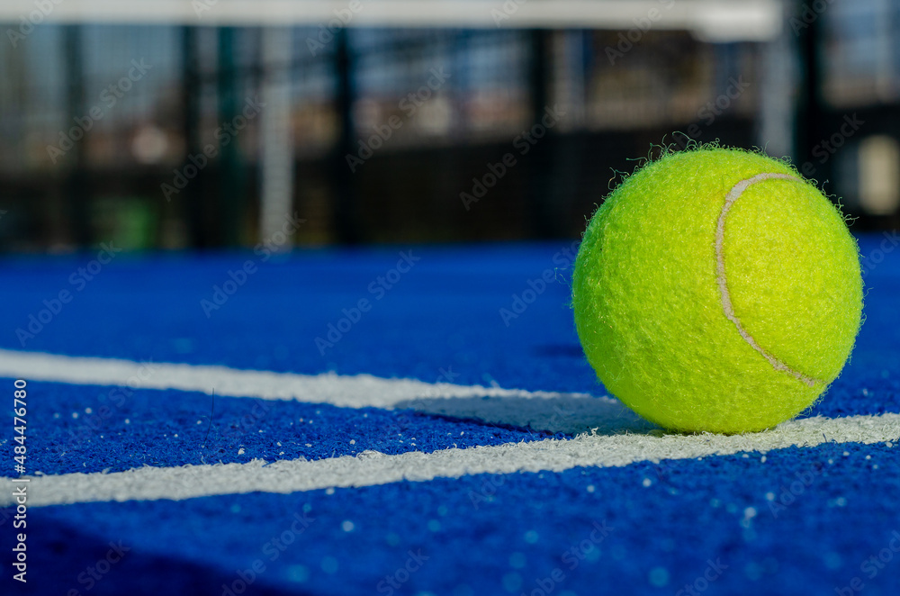Ground level image of a ball on a blue paddle tennis court lines