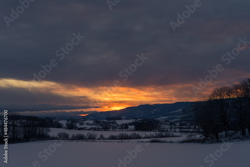 sunrise above the Totenåsen Hills, Norway, in winter