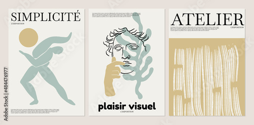 Vector set of  hand drawn  minimalistic placard with illustration. Creative abstract artwork with antique head . Template for card, poster, banner, print for t-shirt, brochure.
