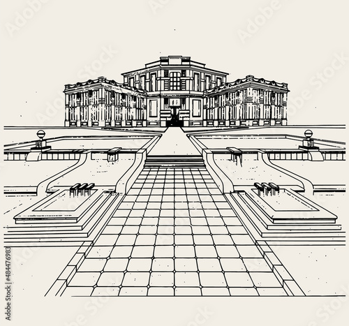 Vector  hand drawn  minimalistic  illustration of historical building with fountains. Creative hand sketched artwork . Template for card, poster, banner, print for t-shirt, pin, badge, patch.