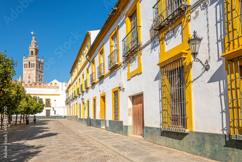 View of the Giralda Tower and Cathedral from the Patio de Banderas, a tree lined courtyard inside the Royal Alcazar Palace in Seville, Spain.