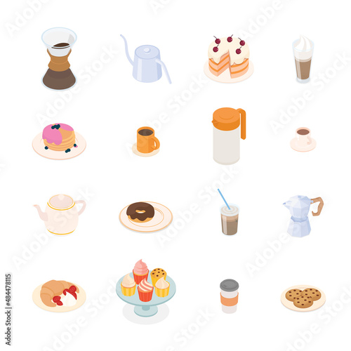 Food, dessert, coffee, drink, cooking set. Isometric vector illustration in flat design.
