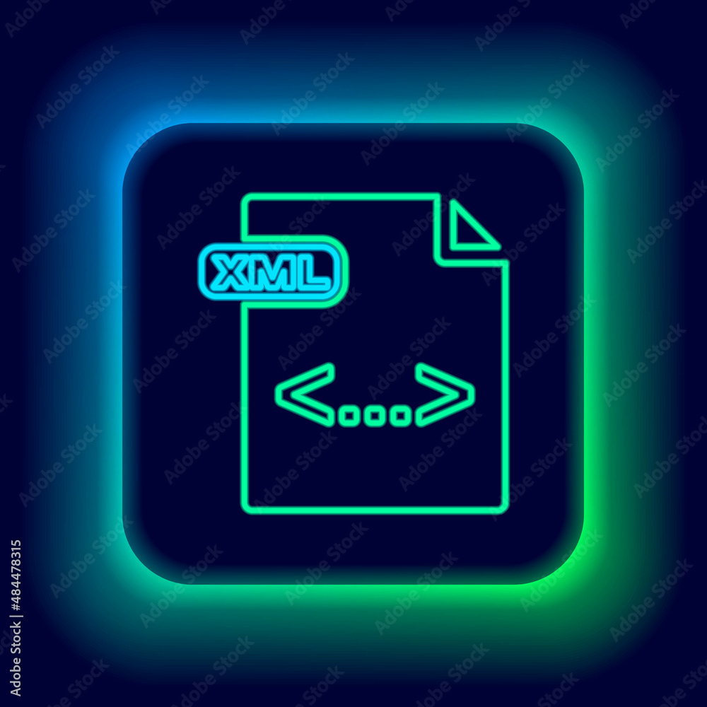 Glowing neon line XML file document. Download xml button icon isolated on black background. XML file symbol. Colorful outline concept. Vector Glowing neon line XML file document. Download xml button icon isolated on black background. XML file symbol. Colorful outline concept. Vector