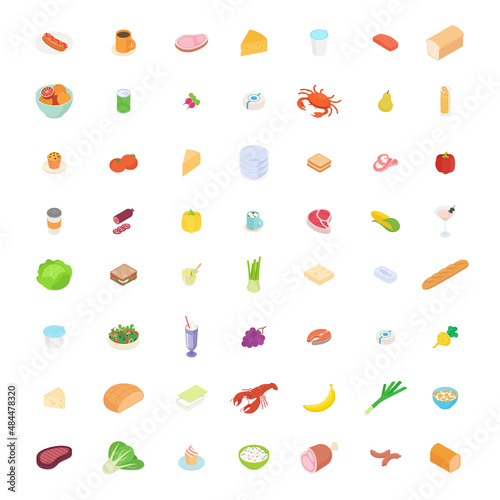 Fototapeta Naklejka Na Ścianę i Meble -  Food, meal, vegetable, fruit, meat, drink, cooking set. Isometric vector illustration in flat design.
