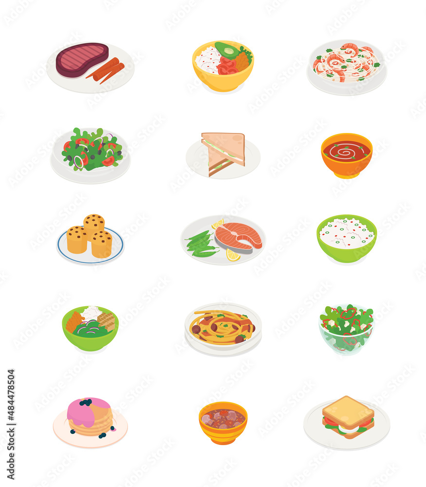Food, meal, vegetable, soup, meat, fish, dessert, cooking set. Isometric vector illustration in flat design.

