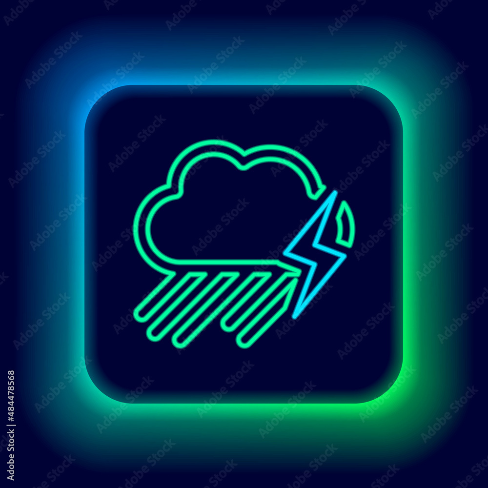 Glowing neon line Cloud with rain and lightning icon isolated on black background. Rain cloud precipitation with rain drops.Weather icon of storm. Colorful outline concept. Vector Glowing neon line Cloud with rain and lightning icon isolated on black background. Rain cloud precipitation with rain drops.Weather icon of storm. Colorful outline concept. Vector