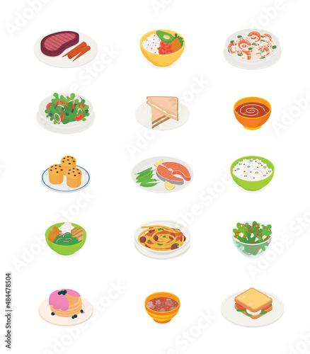 Food, meal, vegetable, soup, meat, fish, dessert, cooking set. Isometric vector illustration in flat design. 