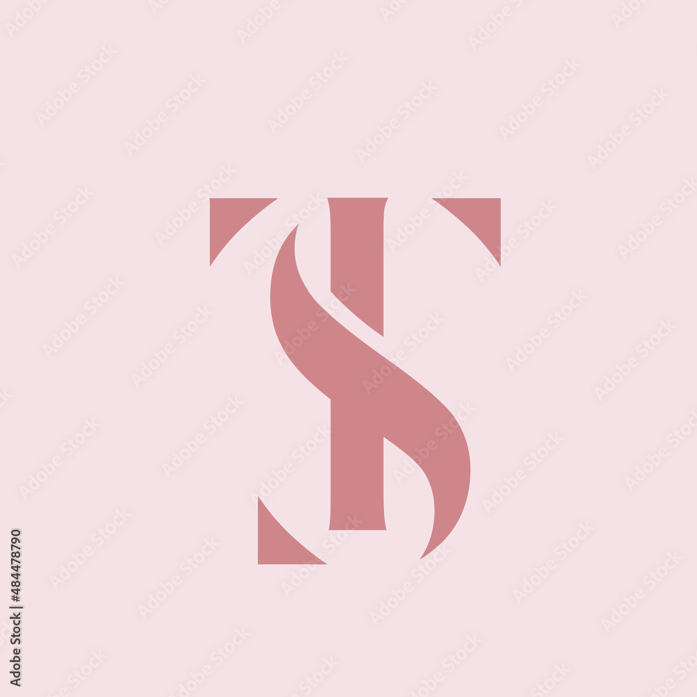 TS monogram logo.Typographic signature icon.Letter t and letter s.Lettering sign isolated on light fund.Wedding, fashion, beauty serif alphabet initials.Elegant, luxury style.Pink color.	 - obrazy, fototapety, plakaty 