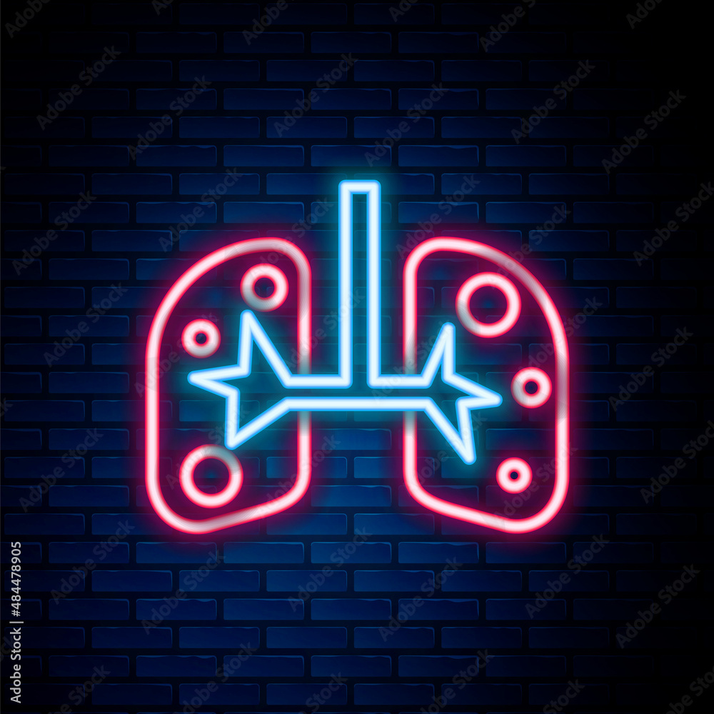 Glowing neon line Lungs icon isolated on brick wall background. Colorful outline concept. Vector Glowing neon line Lungs icon isolated on brick wall background. Colorful outline concept. Vector