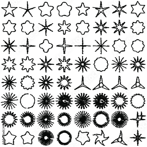 Black twinkling twisted stars line doodle shaped and star-shaped set. Vector illustration.