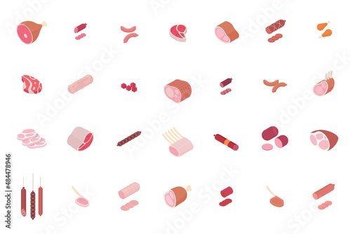 Meat and ham set, butcher shop. Isometric vector illustration in flat design.
