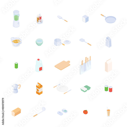 Food, meal, vegetable, fruit, meat, drink, cooking set. Isometric vector illustration in flat design.
