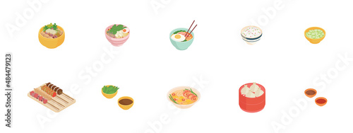 Soup, ramen set - Isometric vector illustration in flat design. 