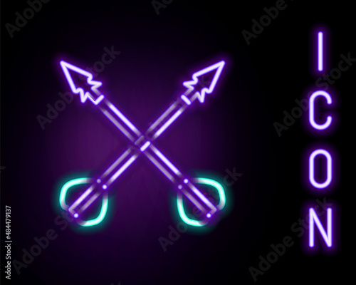 Glowing neon line Medieval crossed arrows icon isolated on black background. Medieval weapon. Colorful outline concept. Vector