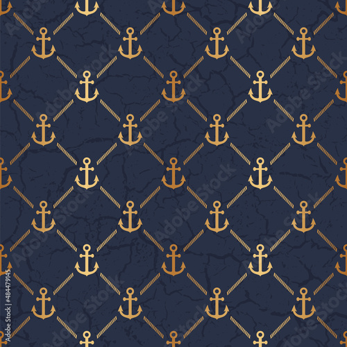 Anchor seamless pattern. Anchors texture. Symbol boat or ship on blue background. Repeated marine pattern. Nautical design prints. Maritime patern. Repeating sea backdrop. Vector illustration 