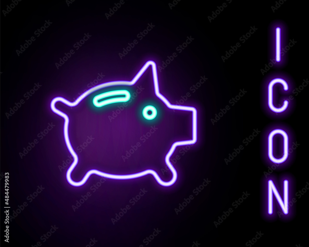 Fototapeta premium Glowing neon line Piggy bank icon isolated on black background. Icon saving or accumulation of money, investment. Colorful outline concept. Vector