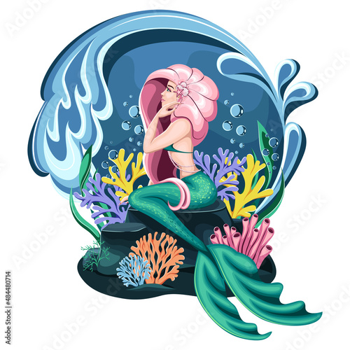 Beautiful mermaid with pink hair and a green tail sits on the rocks underwater. Vector illustration.