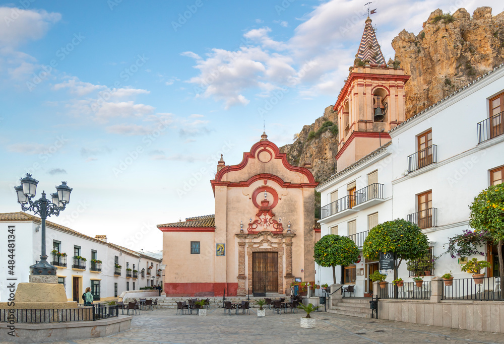 The Santa Maria de la Mesa Church on the Plaza de Zahara in the Andalusian white village of Zahara de la Sierra, Spain.