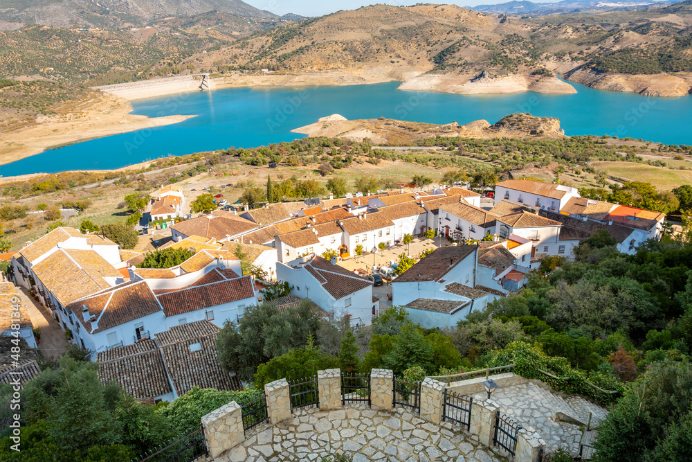 View of the man-made lake from the town of Zahara de la Sierra, one of the White Villages of the Analusian area of Southern Spain in the Cadiz province.