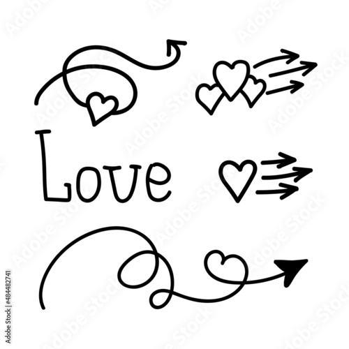 Linear doodle set love, arrow with heart and Lettering handwriting Love. Pointer love, trajectory, like. Vector design element for social media, valentines day and romantic designs.