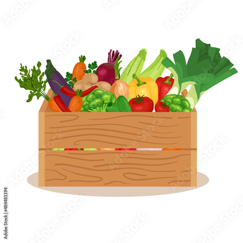 Healthy freshly harvested vegetables in a wooden crate and eco grocery shopping concept banner. Wooden box with natural vegetable. Vector illustration in flat style