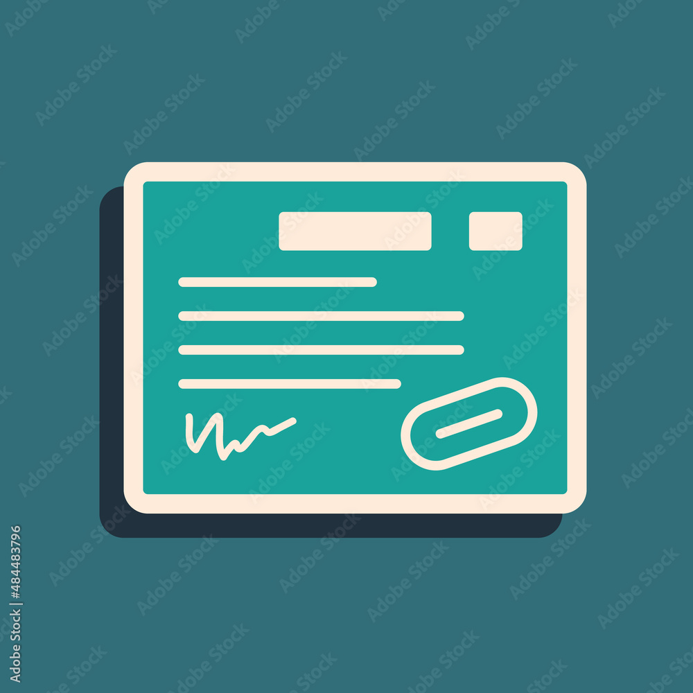 Green Warranty certificate template icon isolated on green background. Long shadow style. Vector Illustration Green Warranty certificate template icon isolated on green background. Long shadow style. Vector Illustration