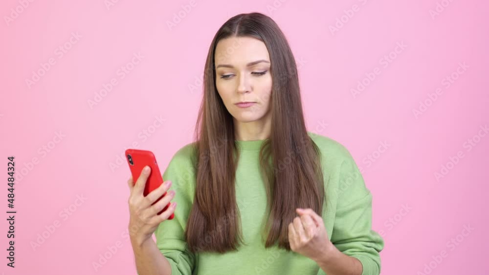 Rage lady speak gadget ex boyfriend scandal isolated pastel color background Rage lady speak gadget ex boyfriend scandal isolated pastel color background