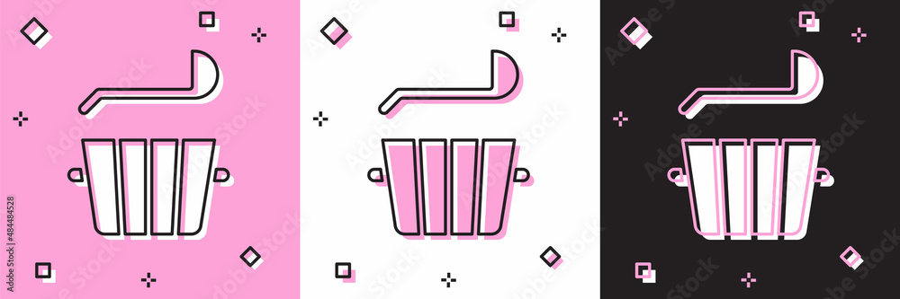Set Sauna bucket and ladle icon isolated on pink and white, black background. Vector Set Sauna bucket and ladle icon isolated on pink and white, black background. Vector