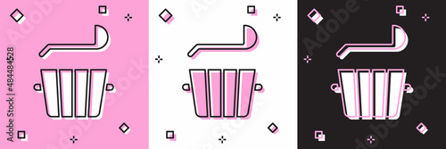 Set Sauna bucket and ladle icon isolated on pink and white, black background. Vector