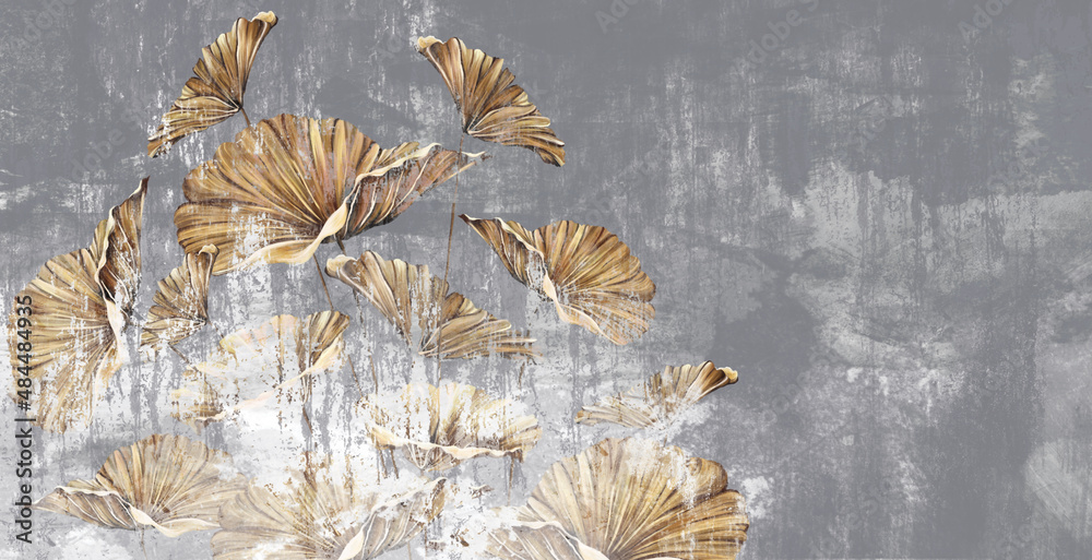 gold art painted leaves on a gray worn texture background, photo wallpaper in the interior of the room
