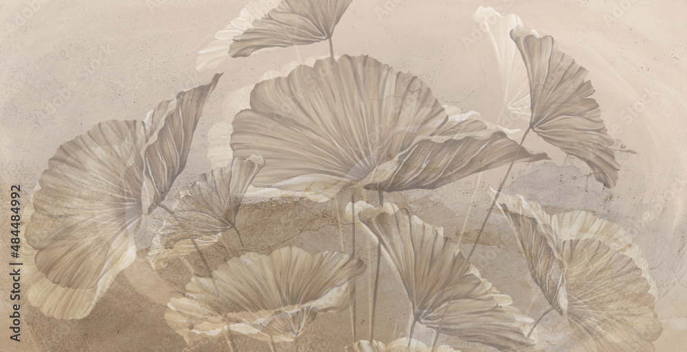 large art painted leaves on a textured wall, in pastel colors, photo wallpaper for the interior