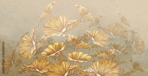 vintage golden leaves painted in pastel style on the texture, photo wallpaper in the interior