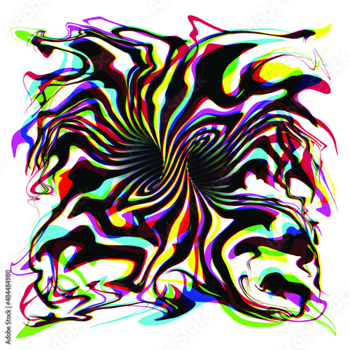 Abstract exploded torus inside view in crazy psychedelic and twisting stripes. Vector colorful  illustration on white background.