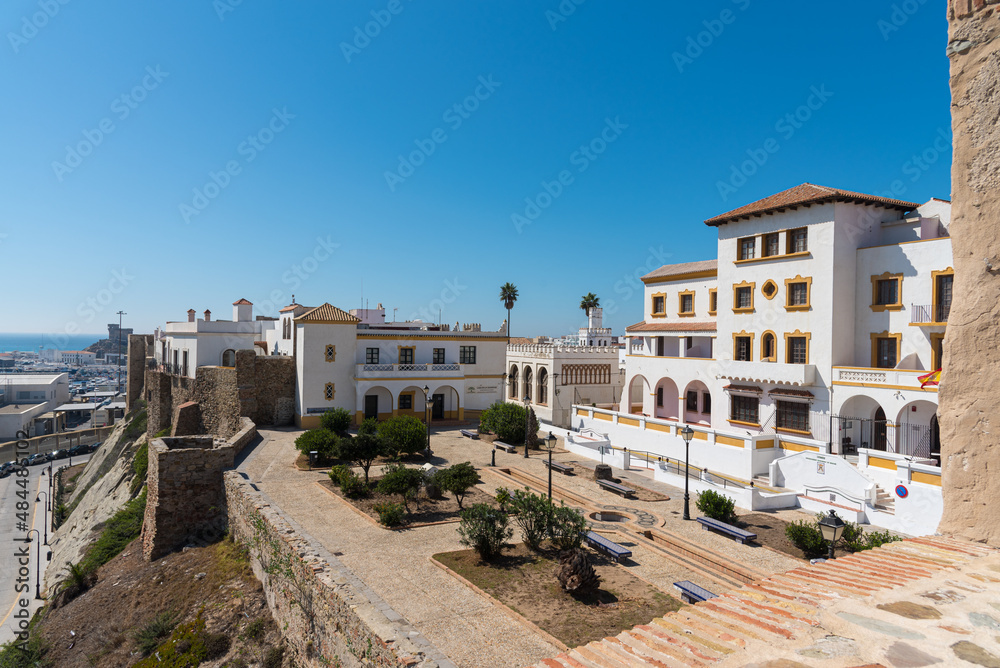 Square inside the Wall of the Almedina in the coastal town of Tarifa, viewpoint Africa, Cadiz, Andalusia, Spain