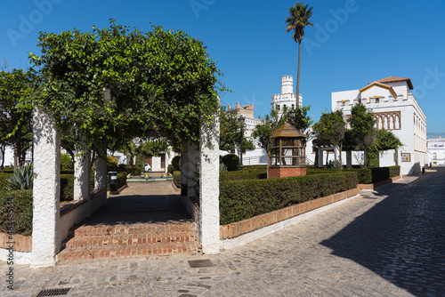 Santa María Square with the Mercedes Gaibrois Municipal Public Library building in neo-Mudejar style, Tarifa, Cadiz, Andalusia, Spain