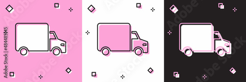 Set Delivery cargo truck vehicle icon isolated on pink and white, black background. Vector