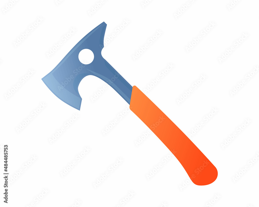 Vector illustration metal ax with orange handle isolated on white background. Axe vector icon in flat cartoon style. Hand tool for working with wood. Equipment for carpentry work. Firefighter axe. Vector illustration metal ax with orange handle isolated on white background. Axe vector icon in flat cartoon style. Hand tool for working with wood. Equipment for carpentry work. Firefighter axe.