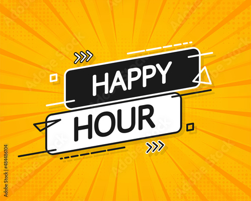 Banner happy hour on yellow background. Elegant design. Sale banner. Vector illustration